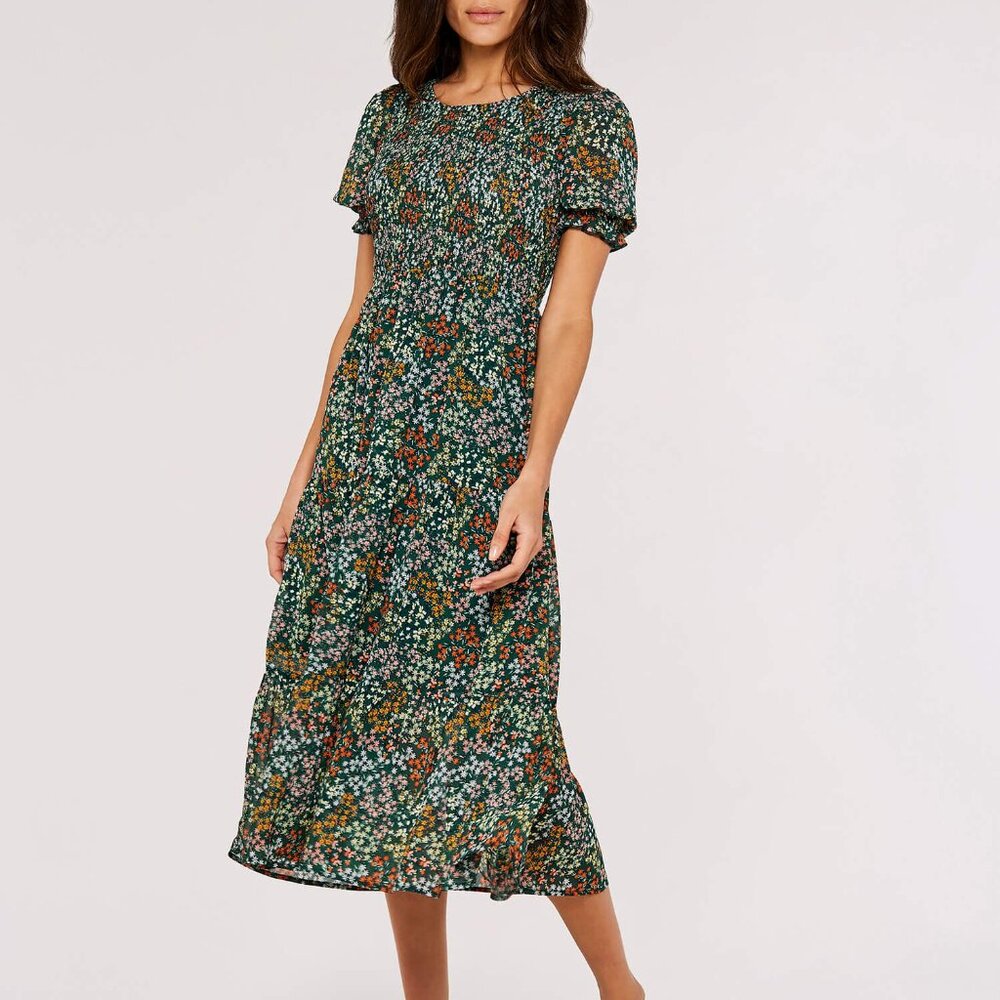 Puff Sleeve Floral Midi Dress with Smocked Bodice - Picture 3 of 7